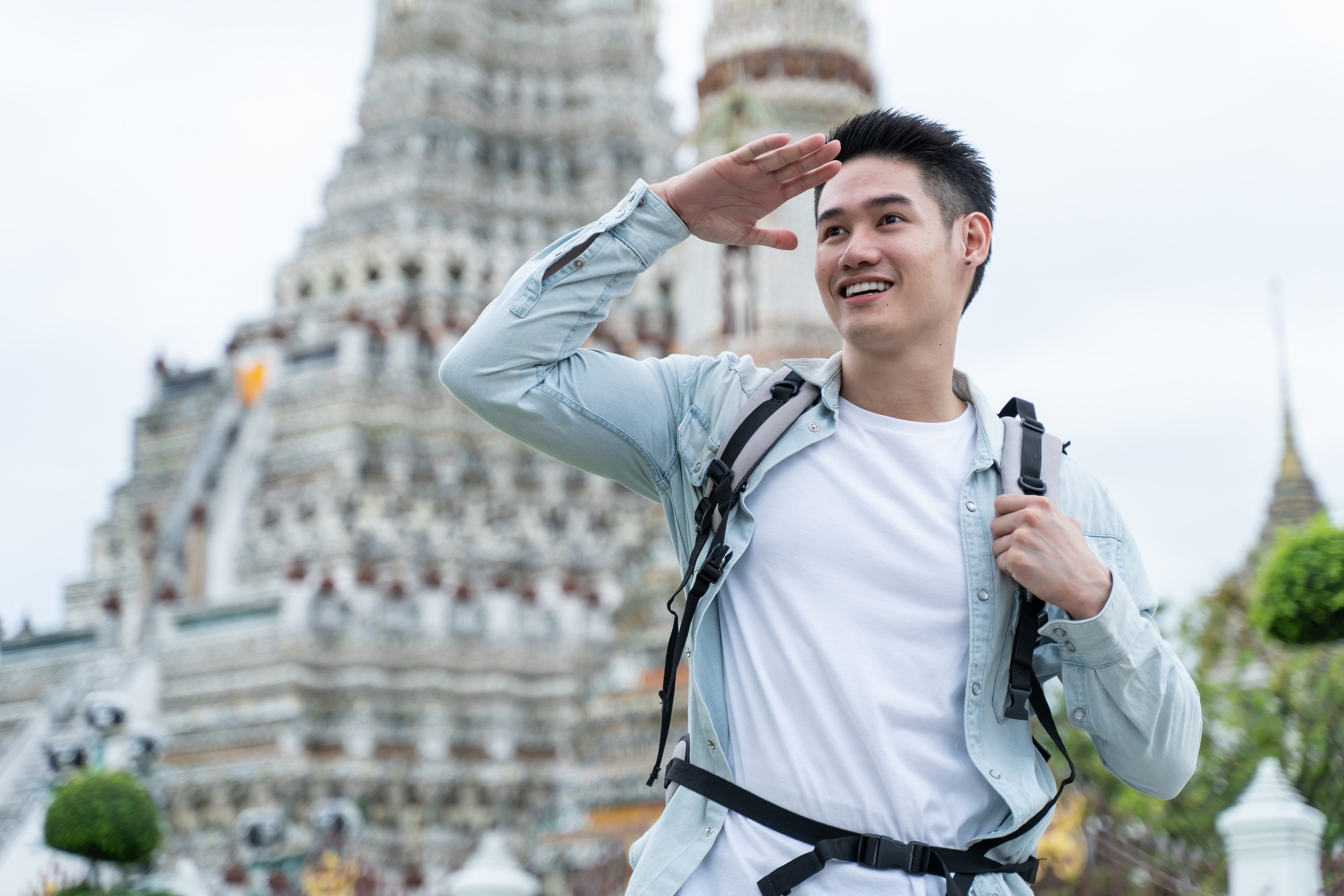Asian Attractive Man Backpacker Walk Around Buddha Temple