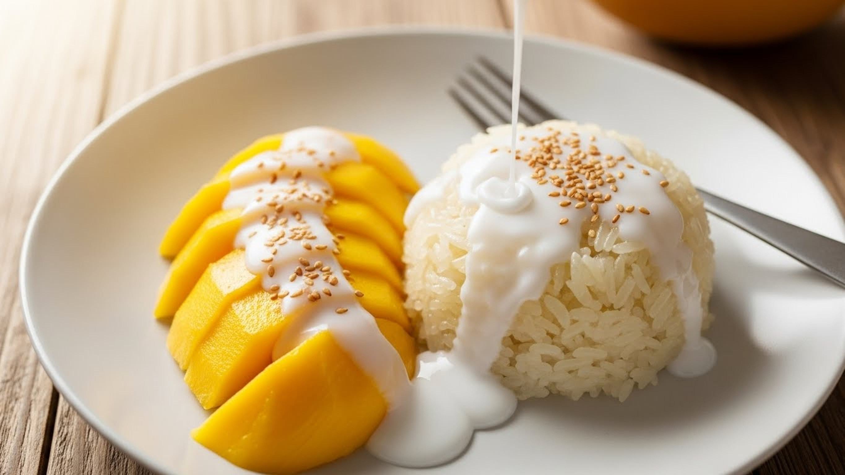 Close Up View Of A Plate Full Of Mango Sticky Rice