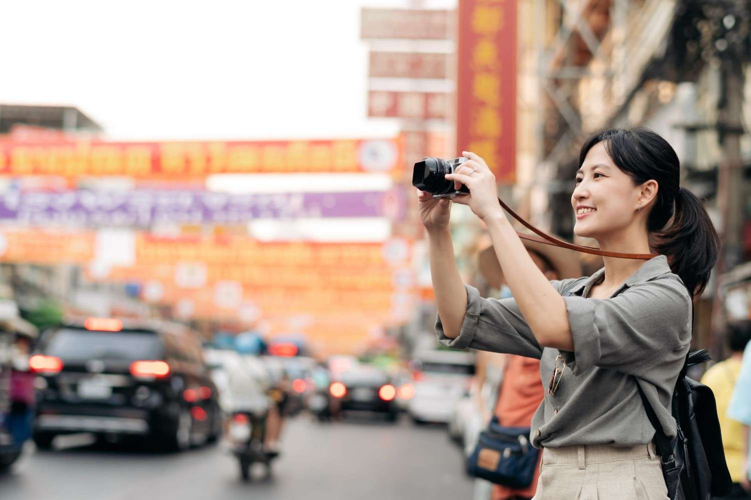 Female Traveller Enjoying Vibrant Bangkok Chinatown