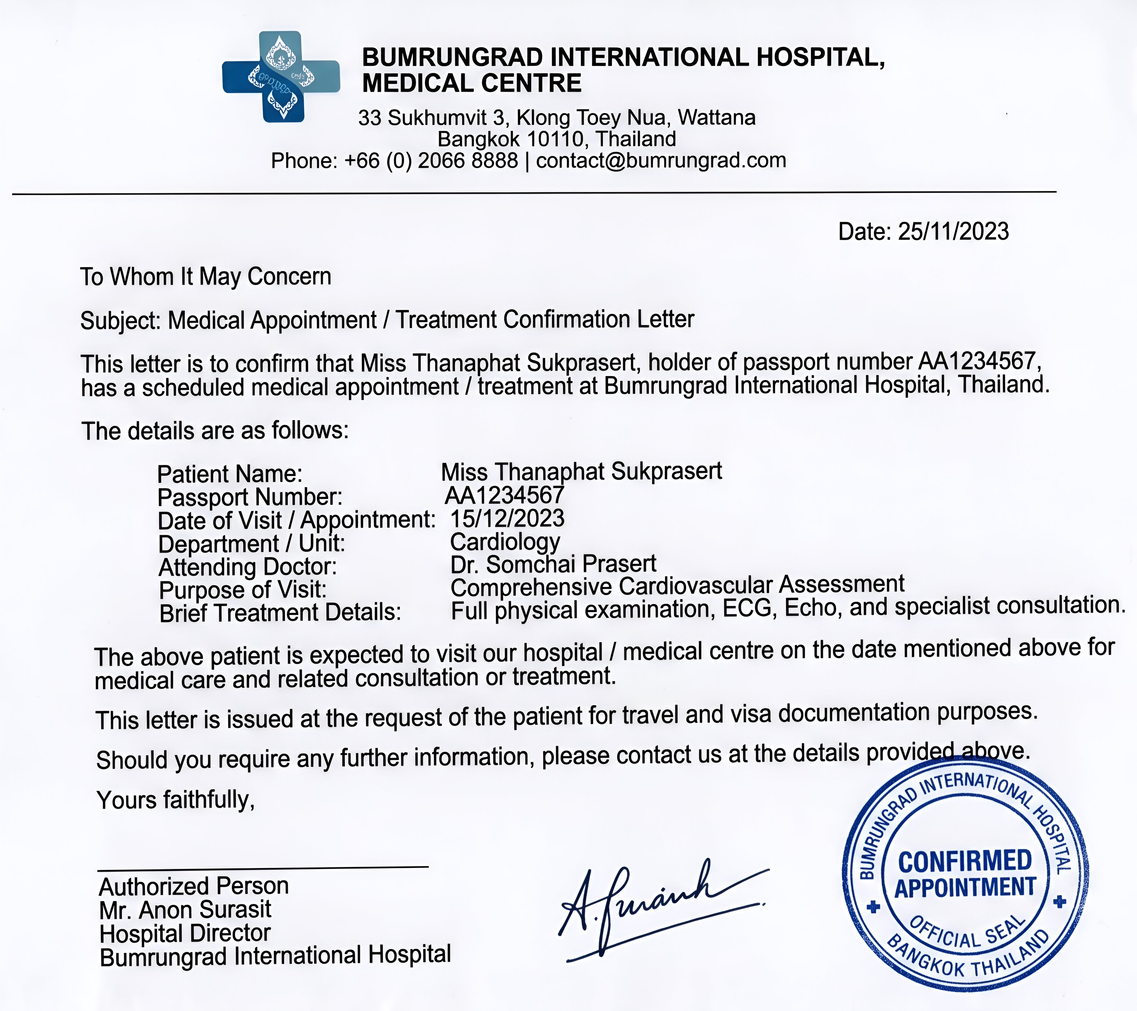 Appointment Letter from Hospital Sample
