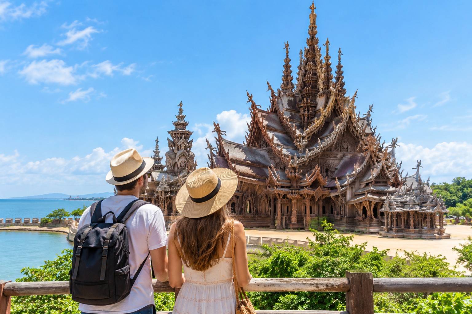 Tourists viewing Sanctuary of Truth Pattaya, Thailand